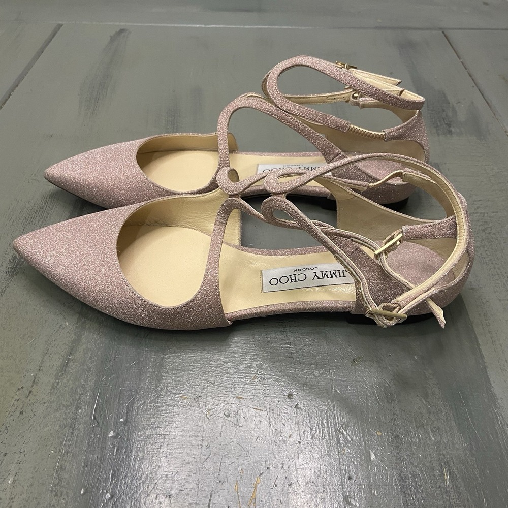 JIMMY CHOO Womens 38 Lancer Ballerina flat PinkGlitter Braided Strap Pointed Toe - Picture 4 of 9